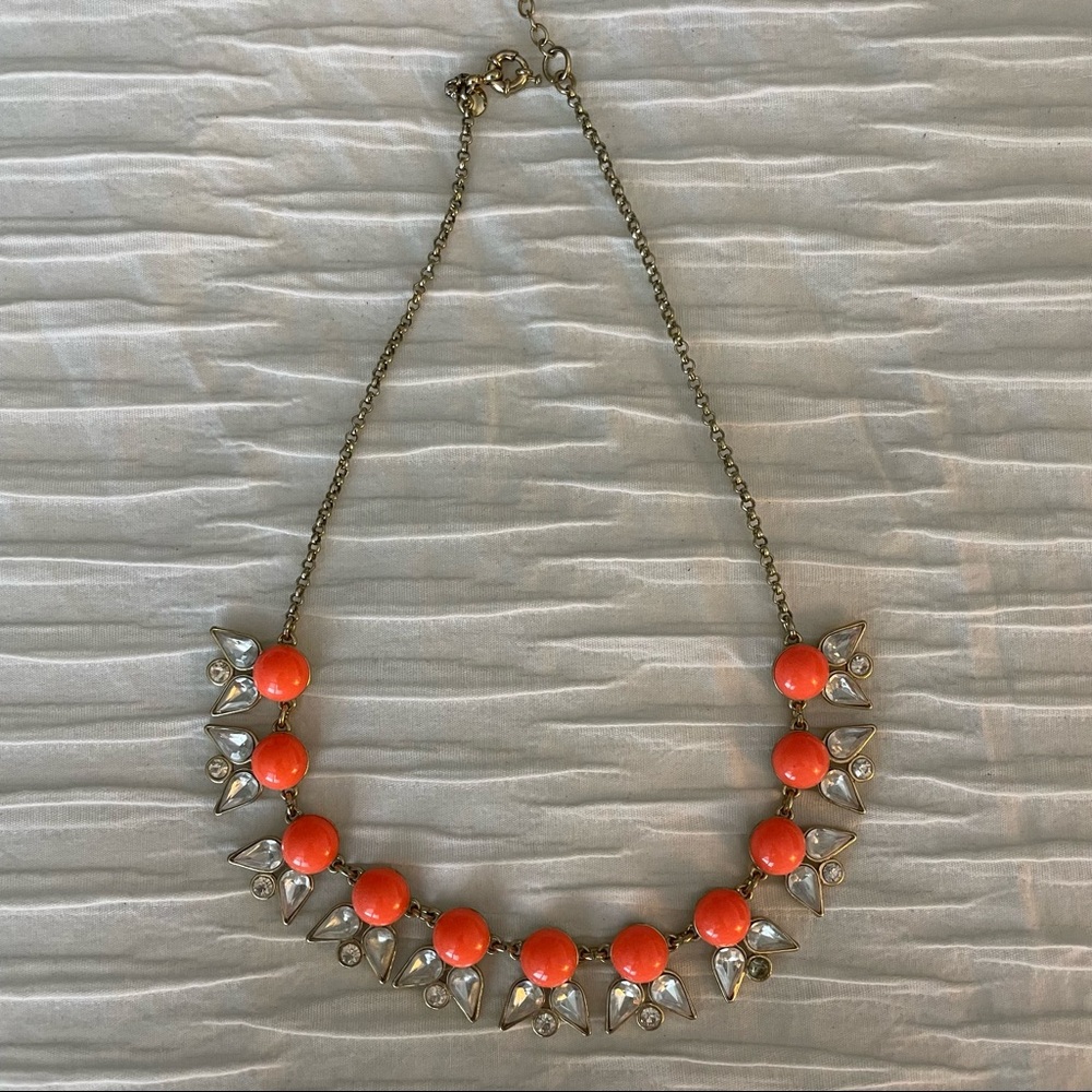 J. Crew necklace, gold chain with coral and diamond accents